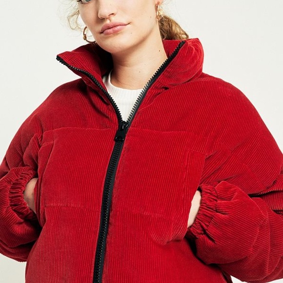 Red Cord Cropped Puffer Jacket By Urban 